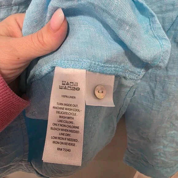 Sigrid Olsen Blue 100% Linen Button Up Shirt Women’s Medium V Neck - Picture 5 of 6